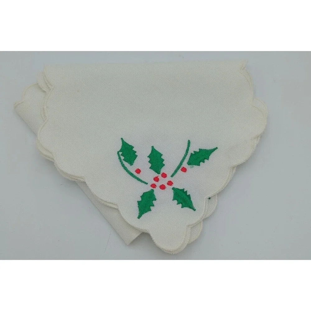 Hallie‎ St Mary Inc. Basket Liner Vtg Christmas Holly Linen Bread Bun Warmer